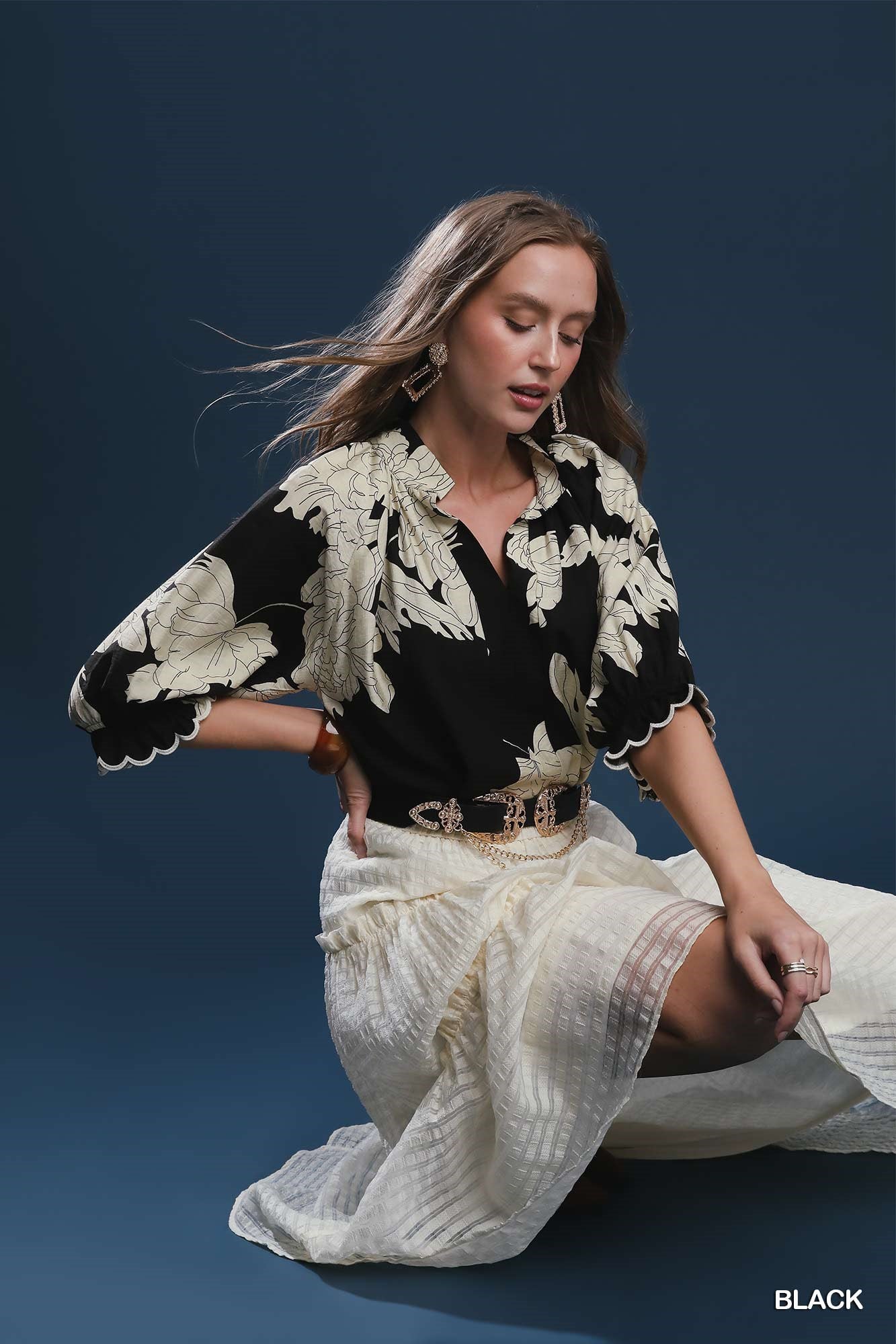 Peony Print High Neck Top - Black