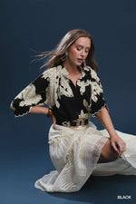 Peony Print High Neck Top - Black