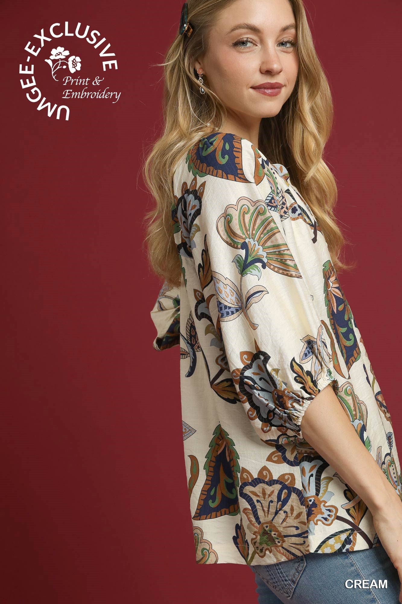 Cream Boho Paisley Puff Sleeve Blouse