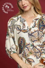 Cream Boho Paisley Puff Sleeve Blouse