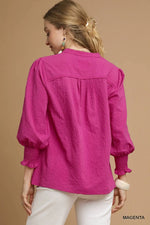 Textured V-Neck Blouse with Smocked Cuffs - Magenta