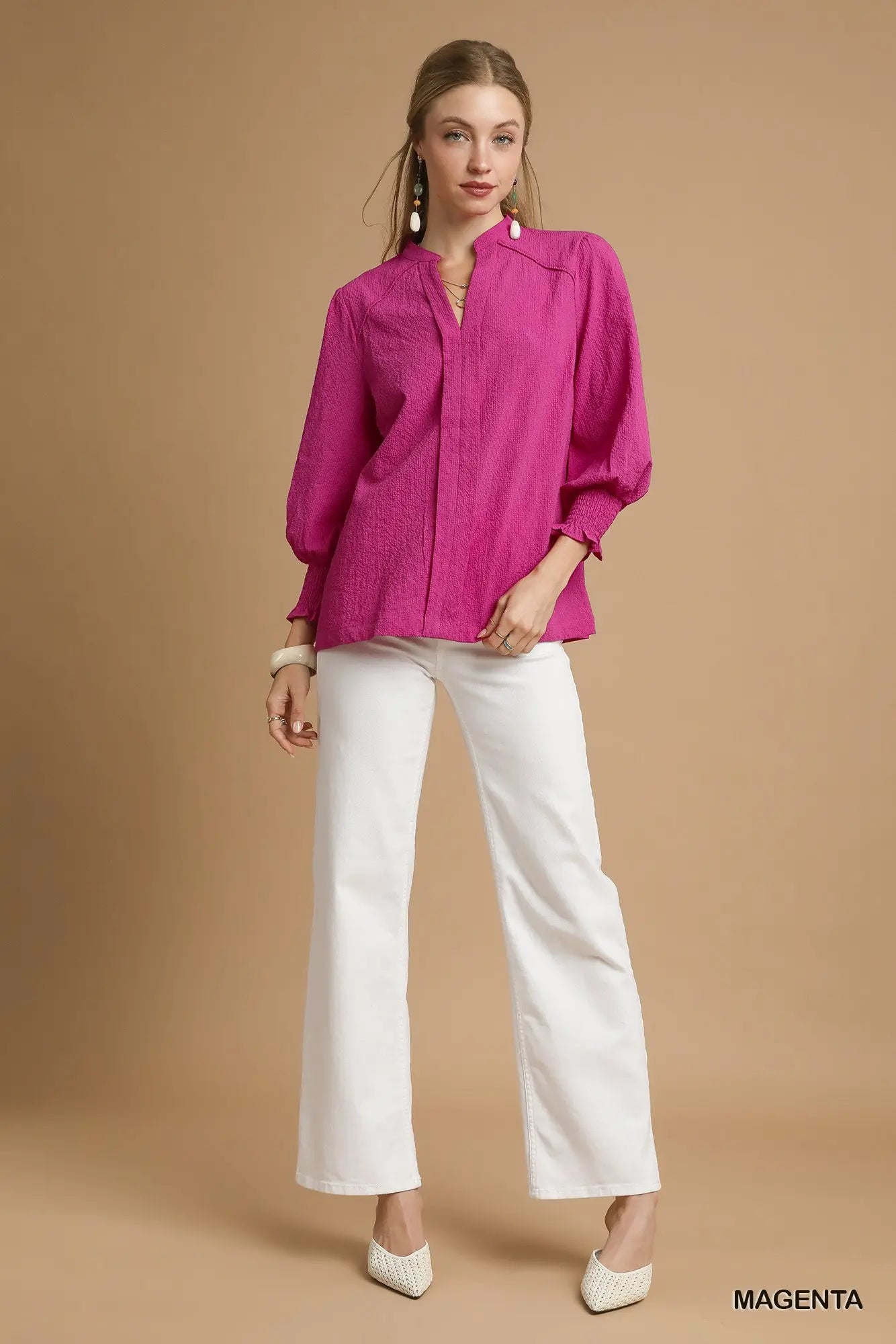 Textured V-Neck Blouse with Smocked Cuffs - Magenta