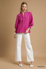 Textured V-Neck Blouse with Smocked Cuffs - Magenta