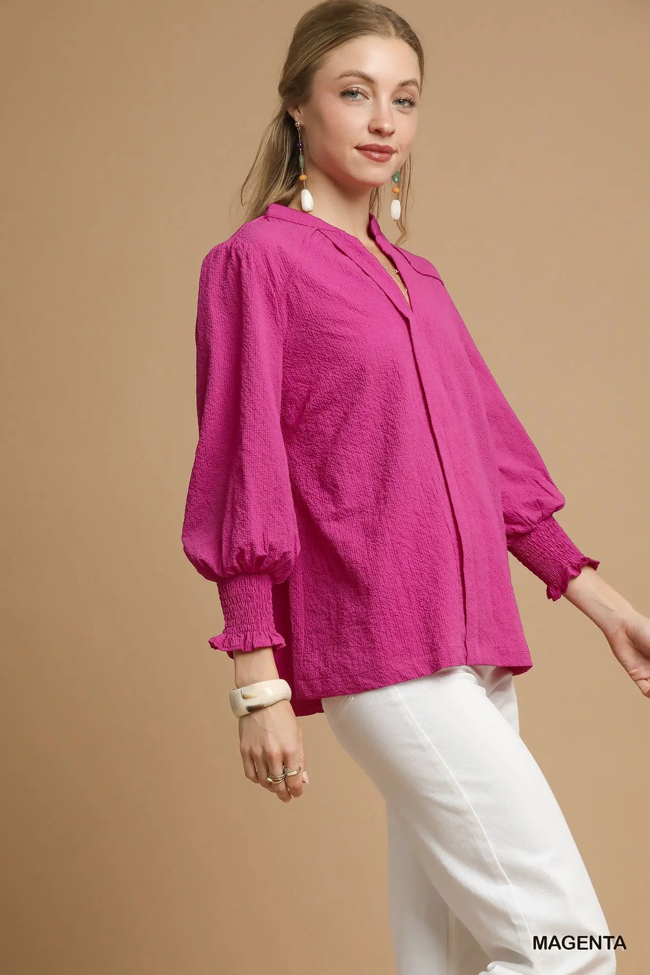 Textured V-Neck Blouse with Smocked Cuffs - Magenta