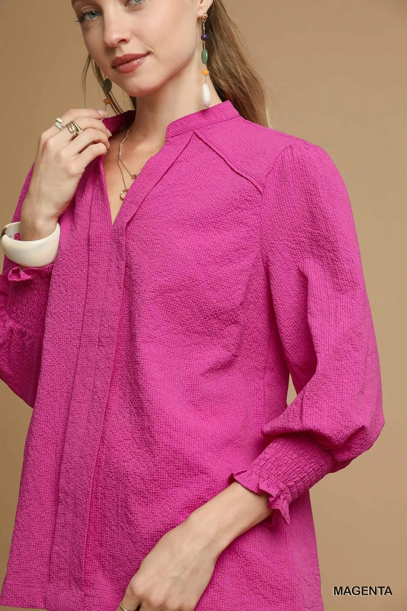 Textured V-Neck Blouse with Smocked Cuffs - Magenta