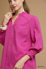 Textured V-Neck Blouse with Smocked Cuffs - Magenta
