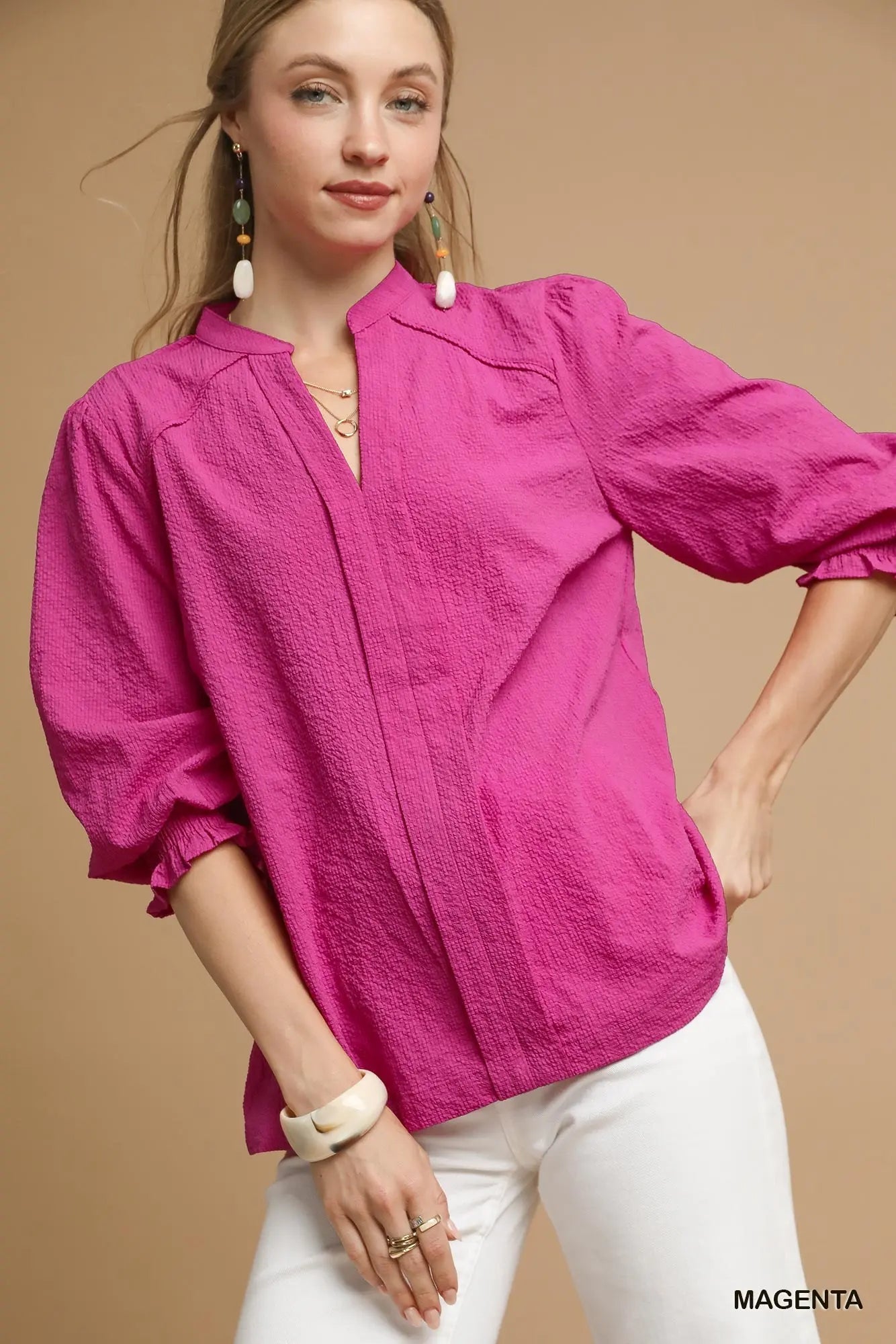 Textured V-Neck Blouse with Smocked Cuffs - Magenta