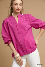 Textured V-Neck Blouse with Smocked Cuffs - Magenta