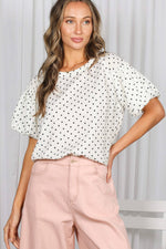 Swiss Dot Printed Short Puff Sleeves Blouse Top - Cream