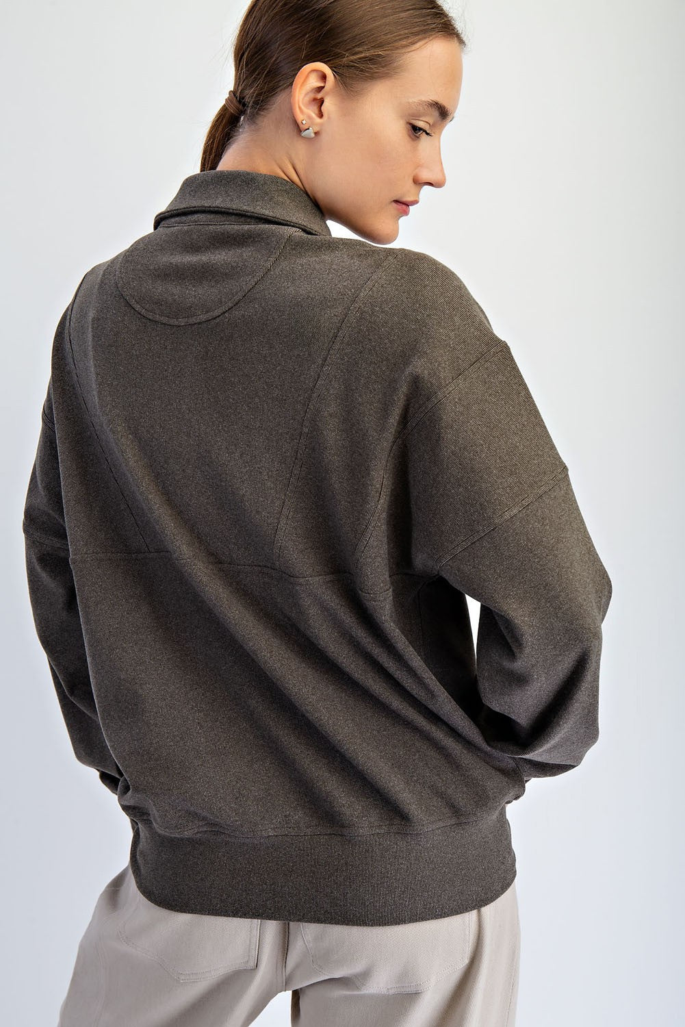 Brushed Rib Quarter Zip Pullover - Olive