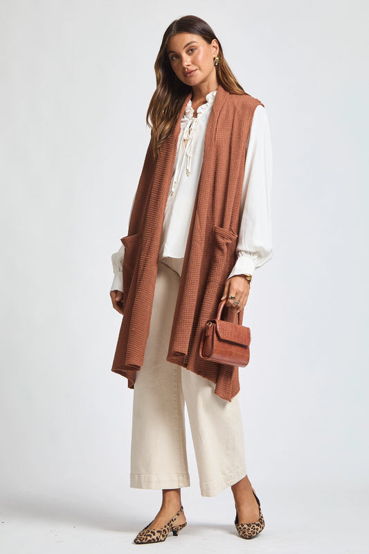 Sleeveless Crochet Midi Vest Cardigan - Chestnut
