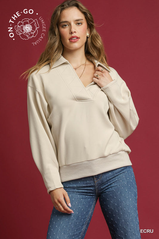 Pullover with Collar and Ribbed Hem - Ecru