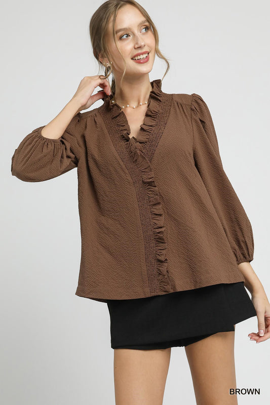 Textured Ruffle Trim Blouse with 3/4 Sleeves - Brown