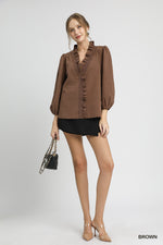 Textured Ruffle Trim Blouse with 3/4 Sleeves - Brown