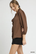 Textured Ruffle Trim Blouse with 3/4 Sleeves - Brown