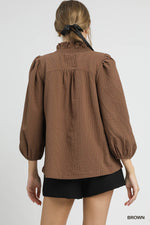 Textured Ruffle Trim Blouse with 3/4 Sleeves - Brown