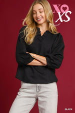 Luxeknit Ruffle Neck Blouse with Puff Sleeves - Black