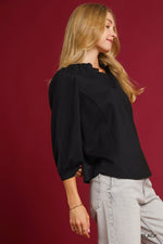 Luxeknit Ruffle Neck Blouse with Puff Sleeves - Black