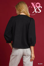 Luxeknit Ruffle Neck Blouse with Puff Sleeves - Black