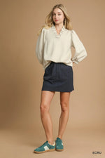 Luxeknit Ruffle Neck Puff Sleeve Blouse - Ecru