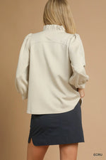 Luxeknit Ruffle Neck Puff Sleeve Blouse - Ecru