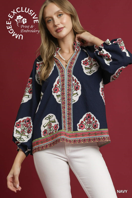 Navy Boho Floral Print Tunic Top