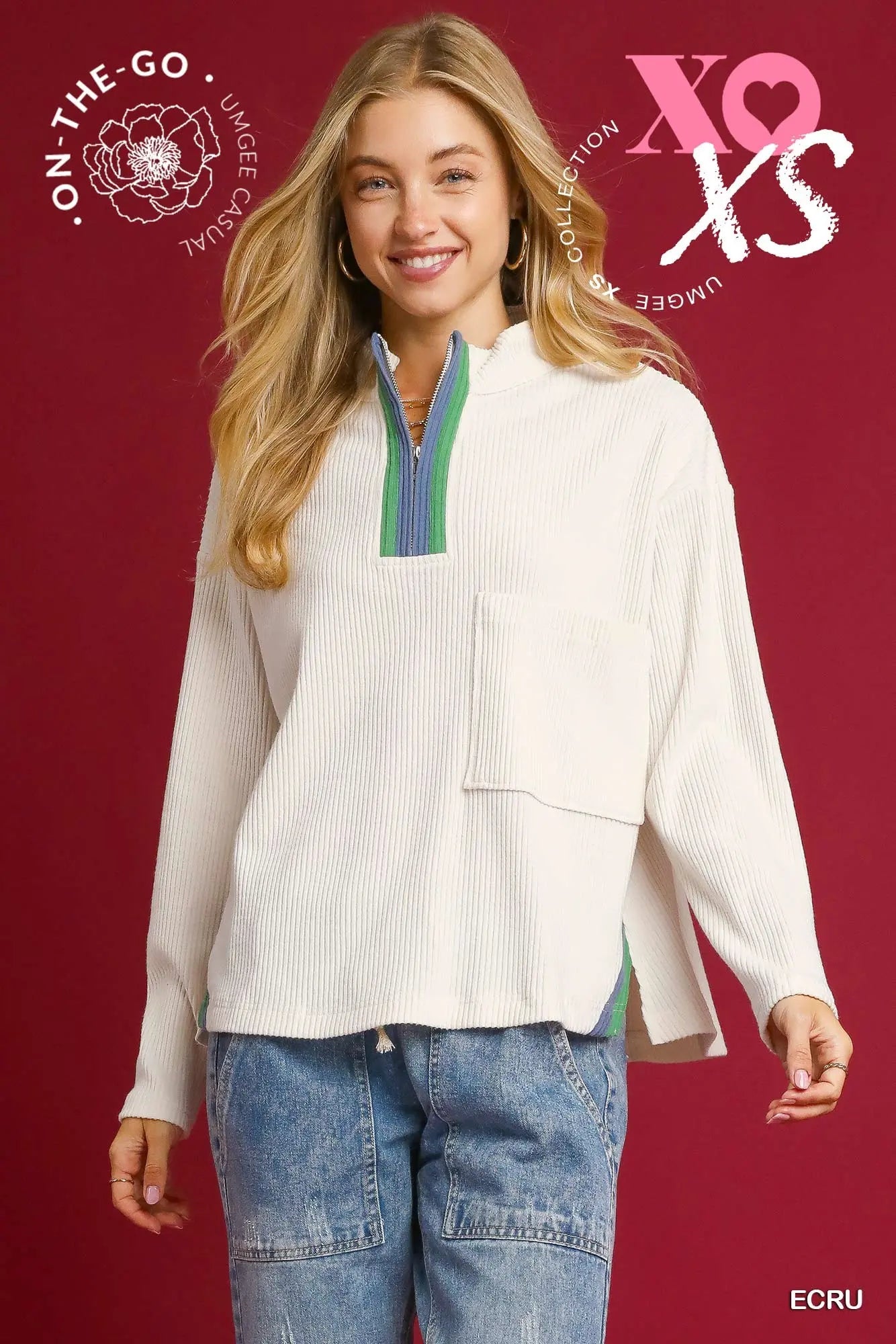 Contrast Stripe Ribbed Zip Pullover - Ecru