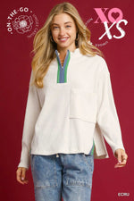 Contrast Stripe Ribbed Zip Pullover - Ecru
