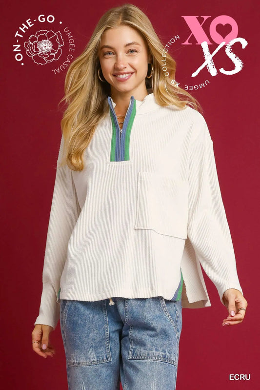 Contrast Stripe Ribbed Zip Pullover - Ecru