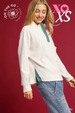 Contrast Stripe Ribbed Zip Pullover - Ecru