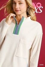 Contrast Stripe Ribbed Zip Pullover - Ecru