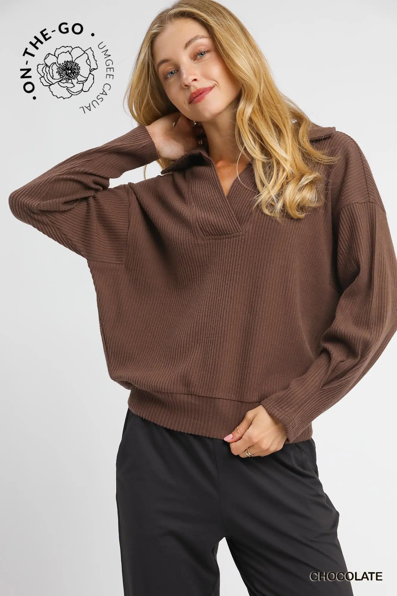 Ribbed Knit Collared Pullover Top - Chocolate