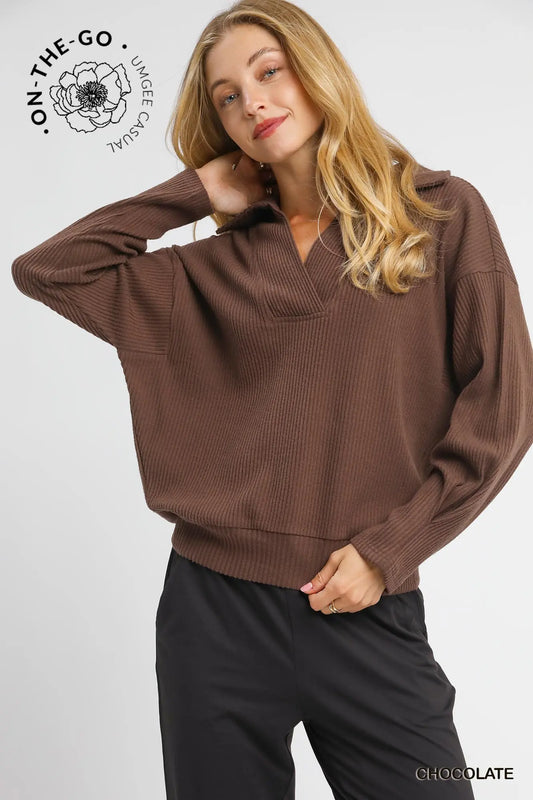 Ribbed Knit Collared Pullover Top - Chocolate