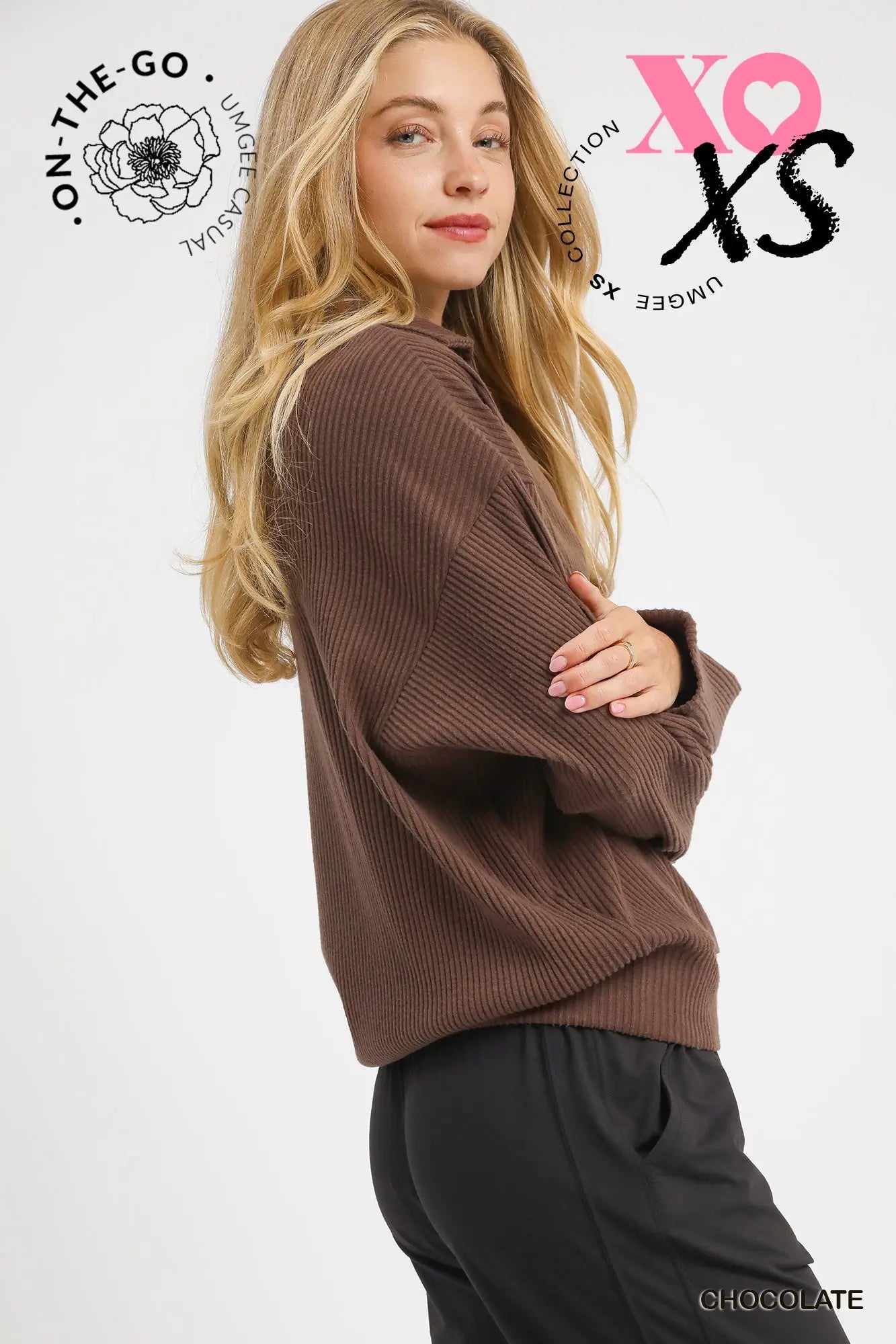 Ribbed Knit Collared Pullover Top - Chocolate