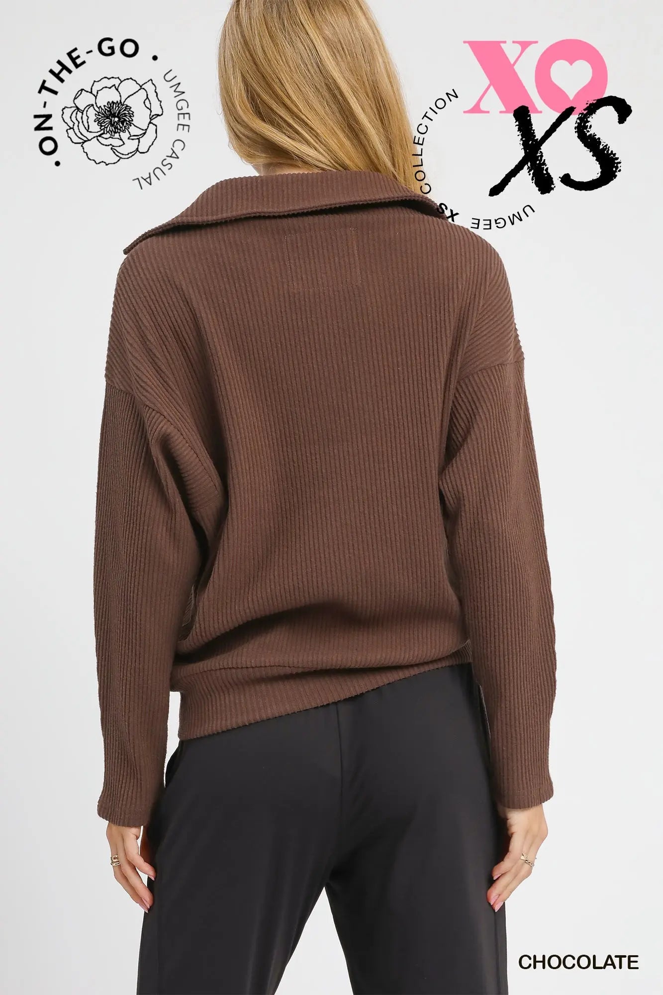 Ribbed Knit Collared Pullover Top - Chocolate