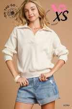 Ribbed Knit Collared Pullover Top - Ecru