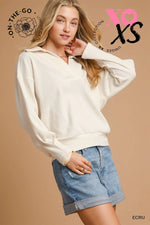 Ribbed Knit Collared Pullover Top - Ecru