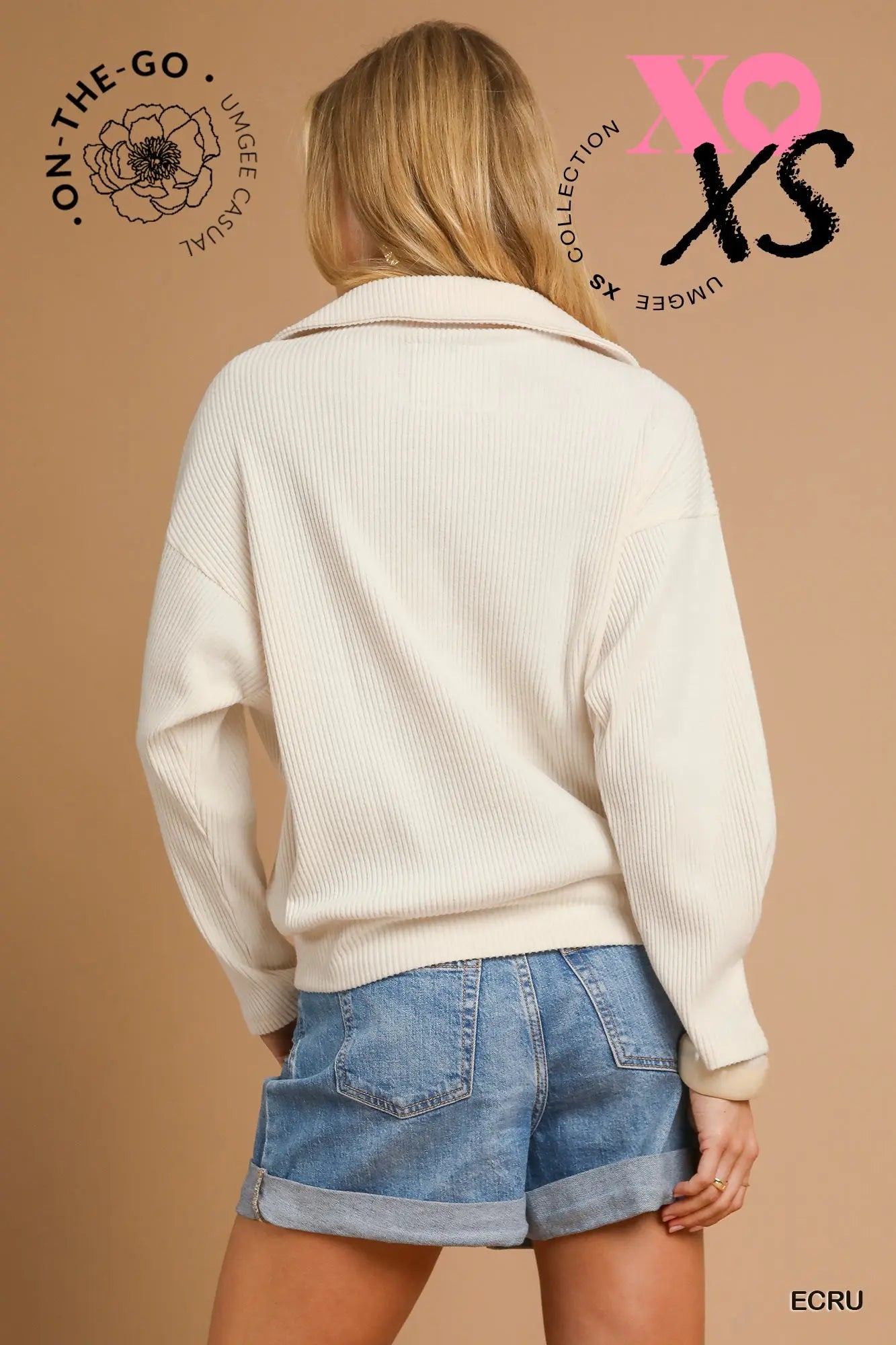 Ribbed Knit Collared Pullover Top - Ecru