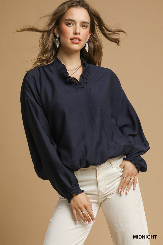 Ruffle Neck V-Cut Blouse - Midnight