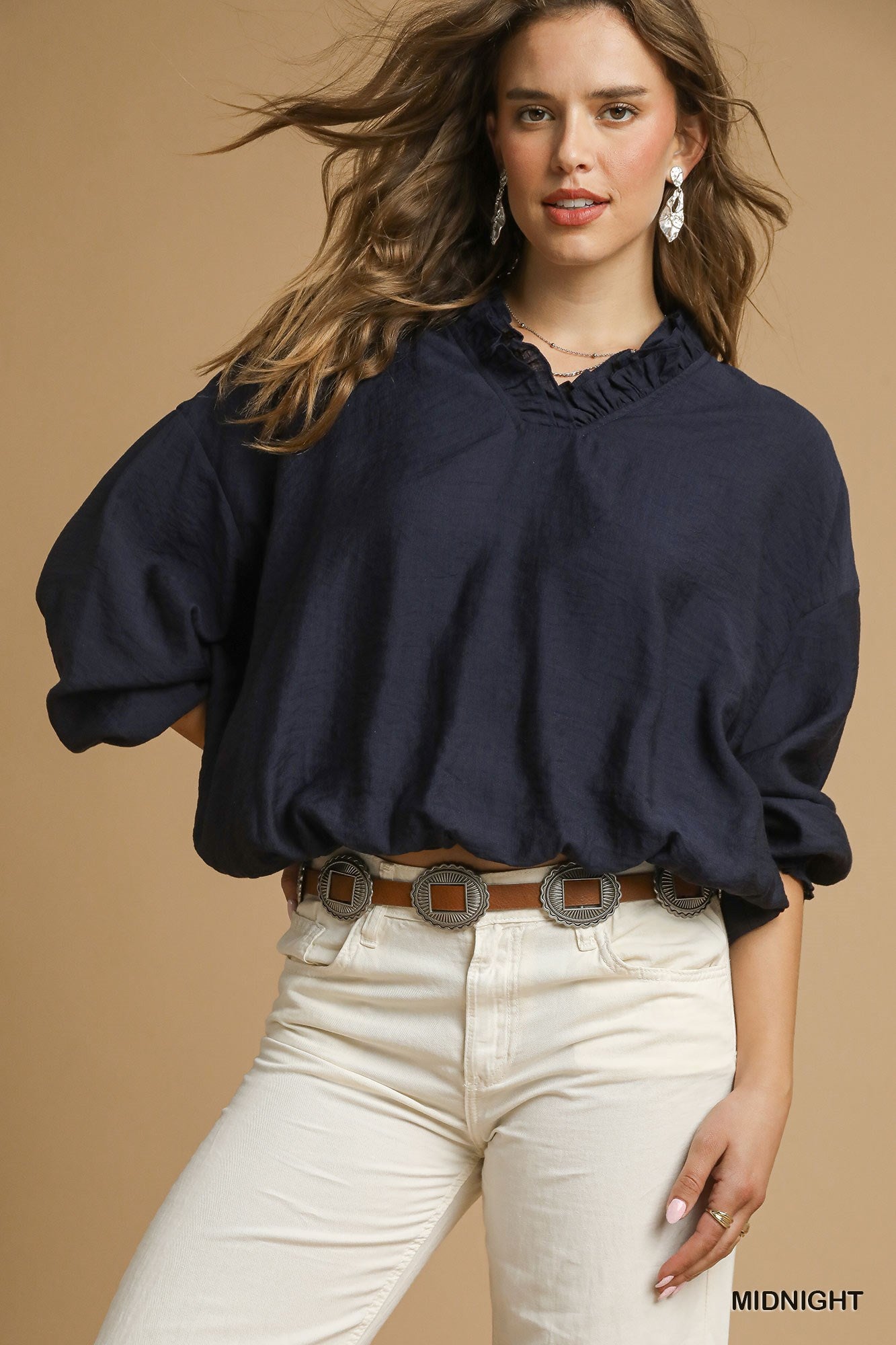 Ruffle Neck V-Cut Blouse - Midnight