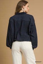 Ruffle Neck V-Cut Blouse - Midnight