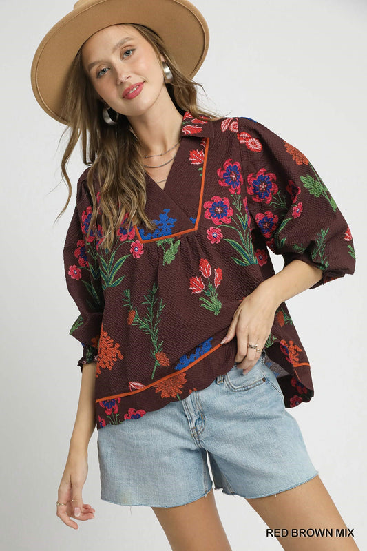 Floral Print Textured Fabric Collared Top - Red Brown