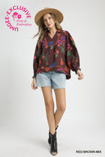 Floral Print Textured Fabric Collared Top - Red Brown