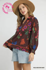 Floral Print Textured Fabric Collared Top - Red Brown