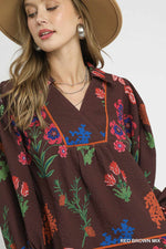 Floral Print Textured Fabric Collared Top - Red Brown