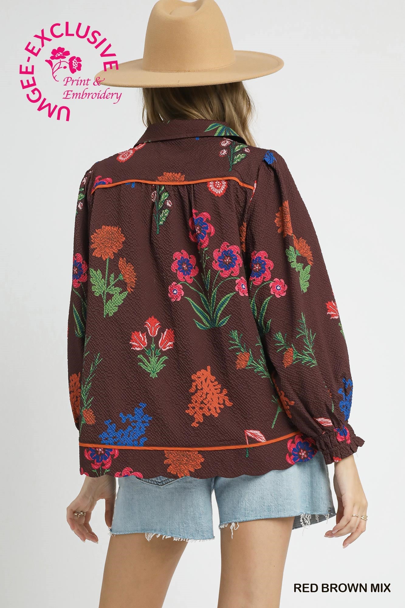 Floral Print Textured Fabric Collared Top - Red Brown