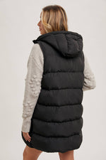 HOODED ZIPPER DOWN LONGLINE PUFFER VEST: Black