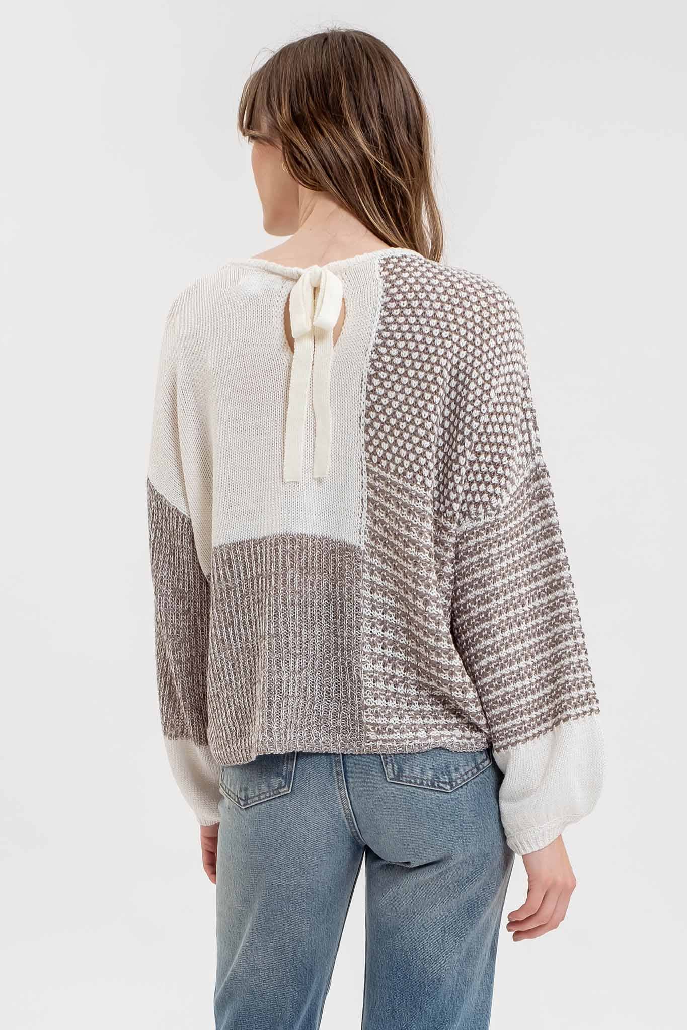 Back Tie Colorblock Knit Sweater - Grey Multi