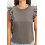 Ruffle Cap Sleeve Crew Neck Top - Charcoal