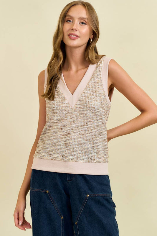 Embo Knit V-Neck Top - Brown/Beige